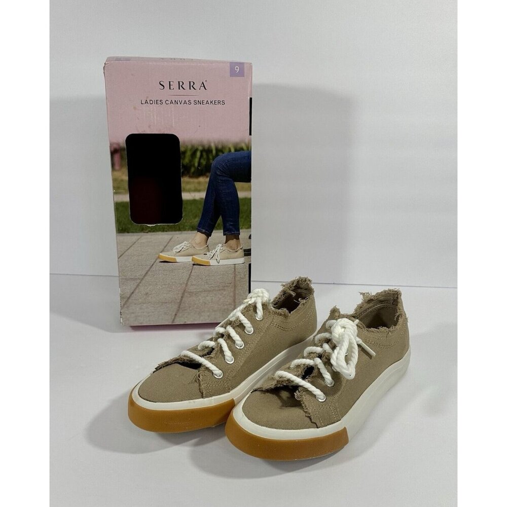 Serra Canvas Memory Foam Tan Distressed Edges Lace Up Shoes Sneakers Sz 8 EUC